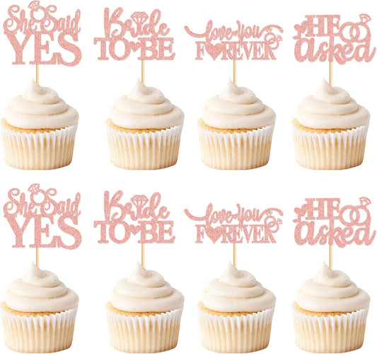 24 Pcs He Asked She Said Yes Cupcake Toppers Cake Picks for Wedding Engagement Party Cake Picks for Wedding Bridal Shower Party Cake Decorations Rose Gold
