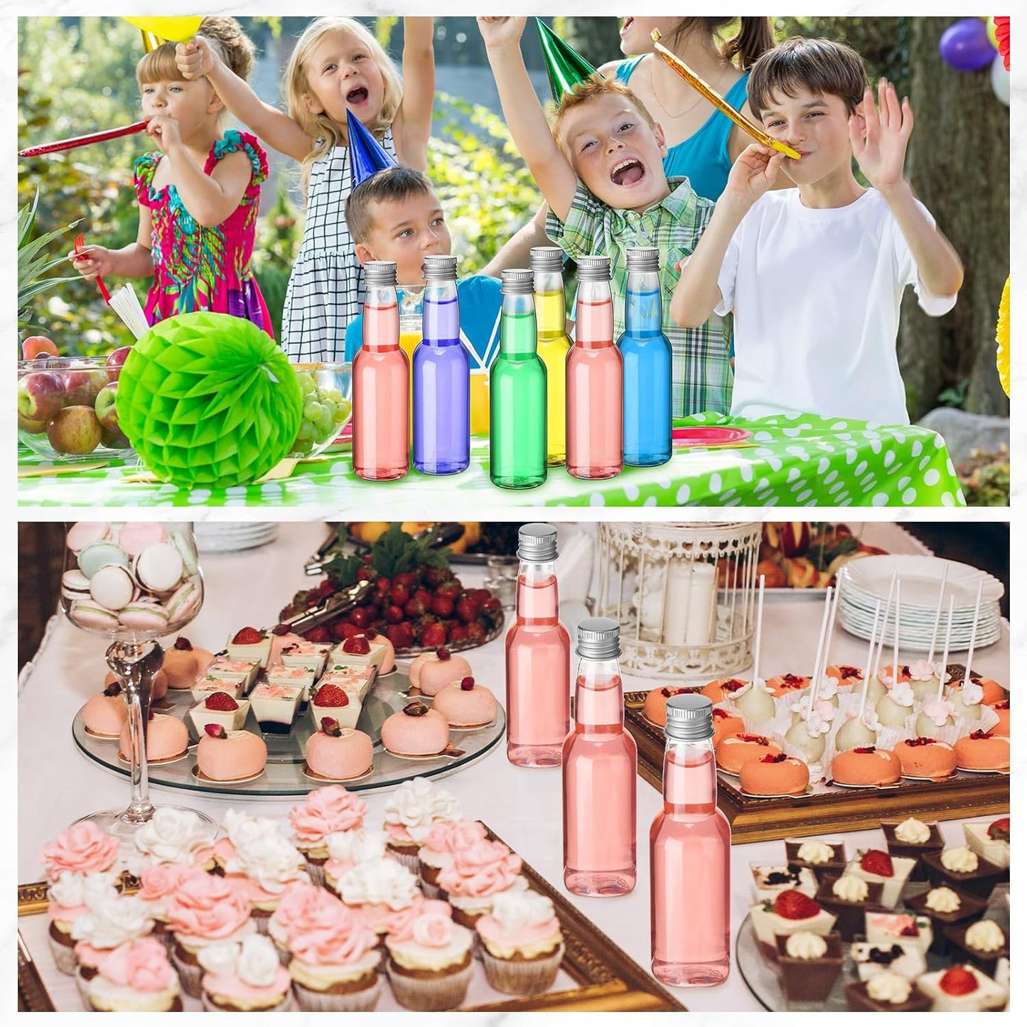 120 Pcs Mini Liquor Bottles Airtight Shot Miniature Empty Plastic Alcohol Spirit Shot Bottles with Funnels for Party Favors, Weddings(3.3 oz,Silver)