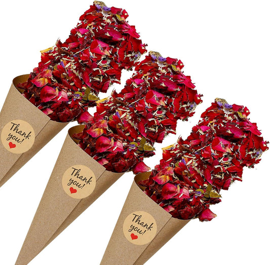 PATIKIL Dried Flower Confetti Cones, 30Pcs Paper Tapers Cone Holder with Dried Rose Petals / Sticker for Wedding Party Engagement Birthday DIY Decoration, Red/Purple