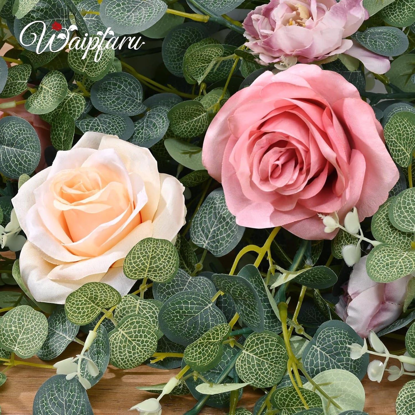 Waipfaru Flower Garland Decorations, 6.07Ft Pink Floral Rose Garland, Artificial Eucalyptus Greenery Vines with Flowers for Wedding Table Runner Centerpieces Backdrop Room Decor (Pink)