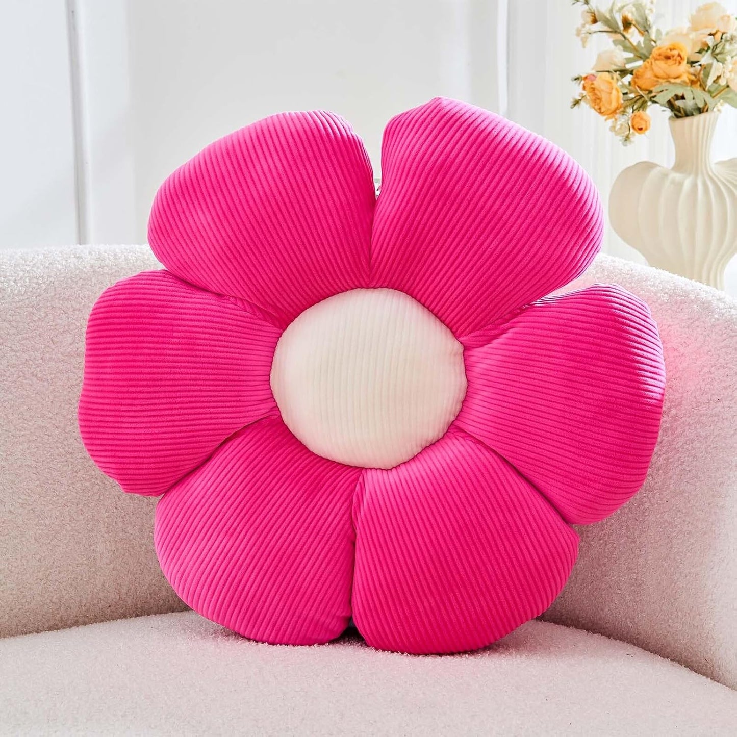 Hot Pink Flower Pillow, 19.6" Cute Flower Shaped Floor Pillow, Aesthetic Floral Plush Daisy Decorative Throw Pillows for Bed Sofa Couch