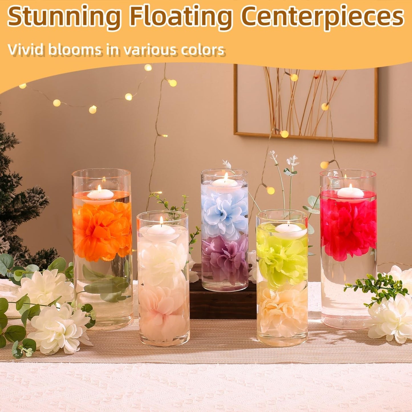 24 Pcs Floating Candles for Centerpieces and Floating Flowers Artificial Flowers Head Vase Filler for Party Home Table Wedding Centerpieces Decoration (Pink)