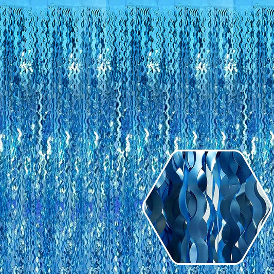 4 Pack Lake Blue Wave Foil Fringe Curtain Backdrop, 3.28Ft x 8.2Ft Metallic Tinsel Foil Fringe Streamer Curtains for Photo Booth, Mother's Day, Easter, Birthday, Wedding Party Decoration