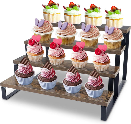 Wood Rustic Cupcake Stand, 4 Tier Stepped Cupcakes Stand, Wooden Display Stand Risers for Perfume, Tiered Spice Rack for Cabinet and Table Counter