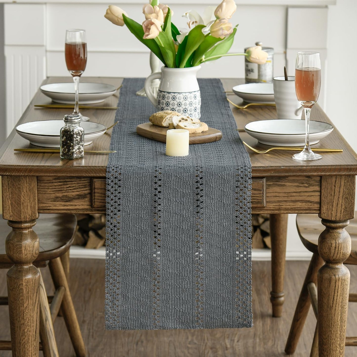 Artoid Mode Dark Grey Farmhouse Woven Rustic Hollow Table Runner, Seasonal Holiday Hollow Kitchen Dining Table Decoration for Home Party Decor 12x90 Inch