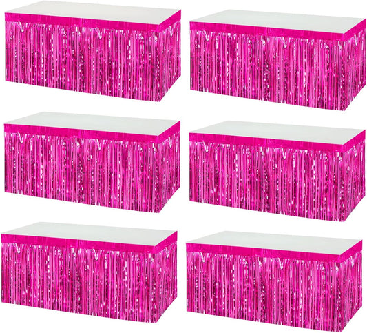 6 Pack 29x108 Inch Metallic Foil Fringe Tinsel Table Skirts Banner for Rectangle Tables Streamer Garland Curtains Backdrop for Wedding, Birthday, Parade Floats, Christmas Party Decoration(Fuchsia)
