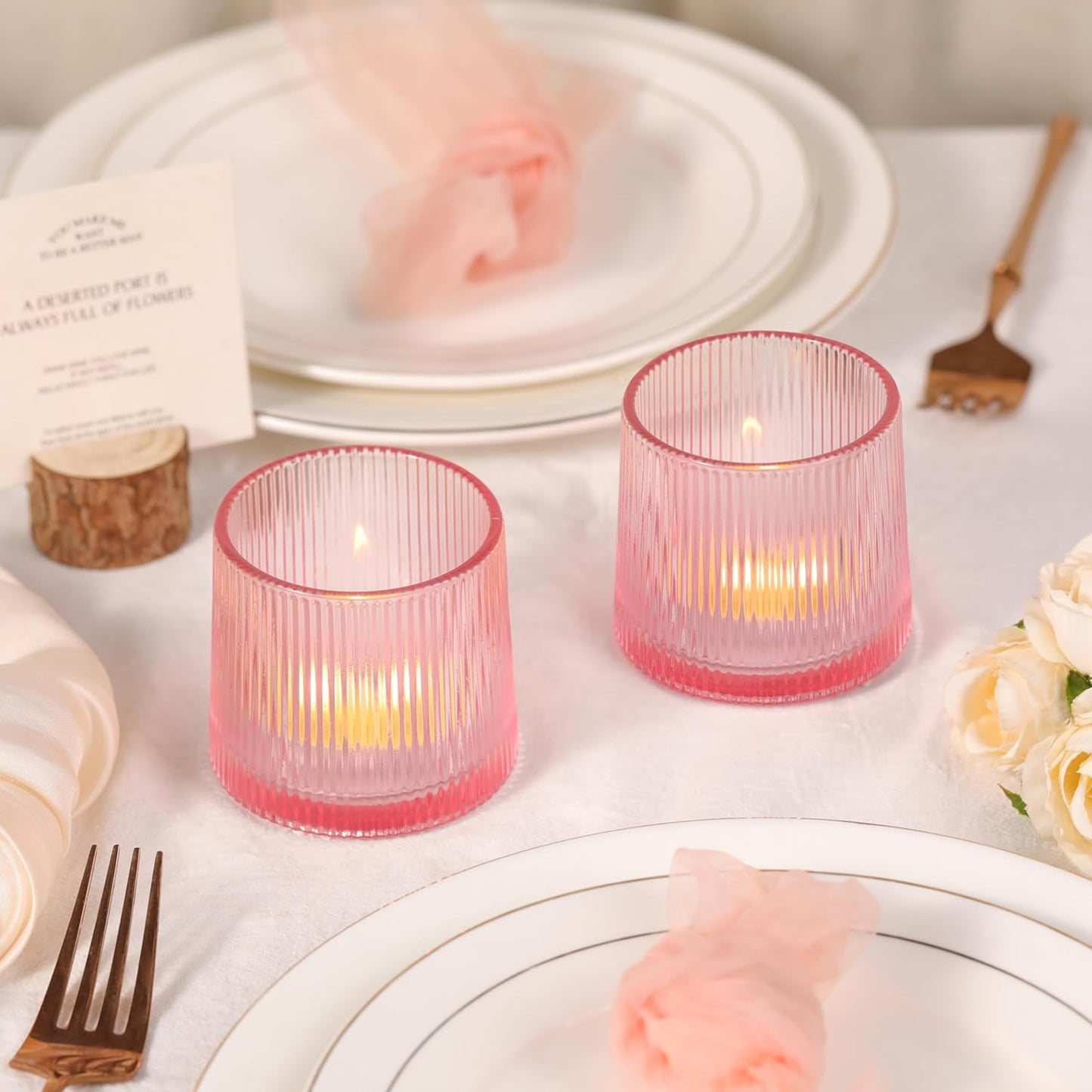 Pink Ribbed Tealight Votive Candle Holders- 6Pack Glass Candle Holders for Table Centerpiece, Home Decor, Wedding Decor, Party Dinner