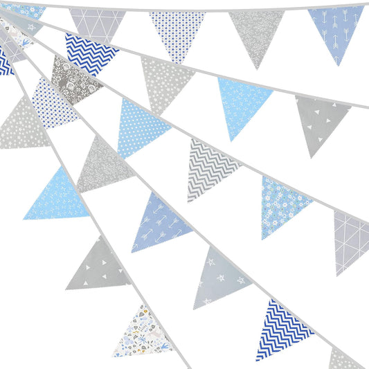 jijAcraft 39Ft Triangle Bunting Banner, 42Pcs Tea Floral Party Bunting Cotton Fabric Flags Pennant Garlands for Birthday Party, Wedding, Baby Shower, Outdoor and Home Decorations (Gray and Blue)