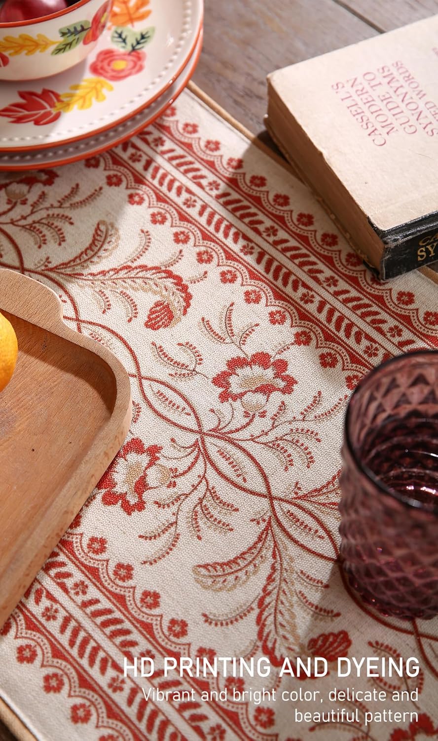 ISAENNE Designer Vintage Linen Table Runner 102 Inches Long,Red Floral Pattern Modern Decor Table Runners for Dining Tables,Thanksgiving,Kitchen Tables,Christmas,Banquet,12"*102"-Chamonix A