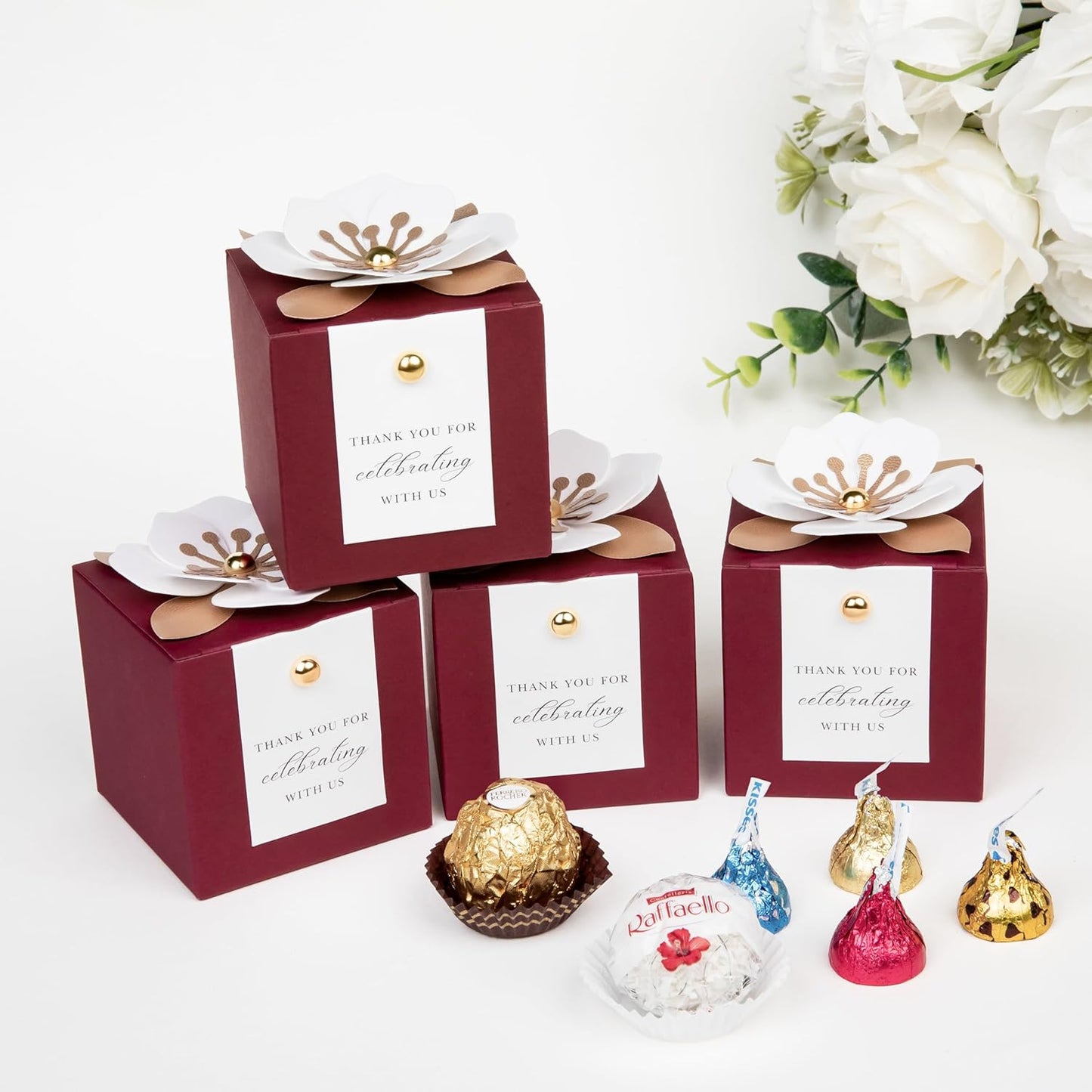 FEIYI 20 PCS Candy Boxes, 3 In 1 Burgundy Favor Boxes with Floral Decor, White Thank You Tags Gift wrapping for Wedding Birthday Baby Shower Decorations Party -2.55x2.55x2.55''