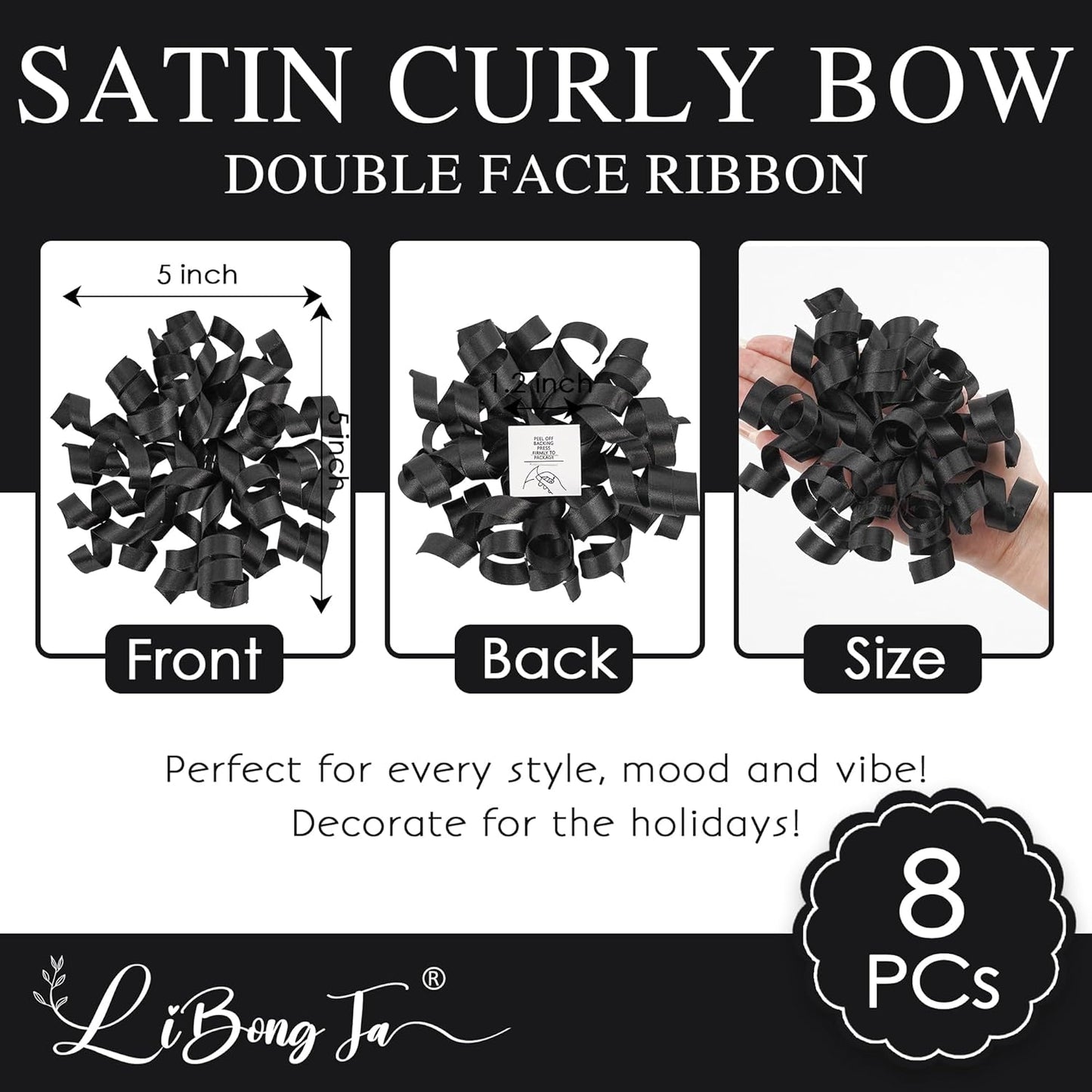 5 Inch Black Bows Curly Ribbon Bows for Gift Wrapping, Satin Bows with Double-Sided Tape, Self Adhesive Bows for Party, Wedding, Birthday Decor, Premade Bows for Crafts, Wine Glasses-8 PCs