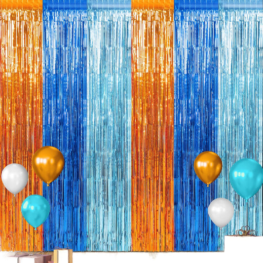 3 Pack 3.3X6.6Ft Blue Dog Foil Fringe Curtains Backdrop Decorations, Orange and Light Blue Birthday Party Tinsel Metallic Streamers Photo Booth Background for Dog Theme Party Supplies