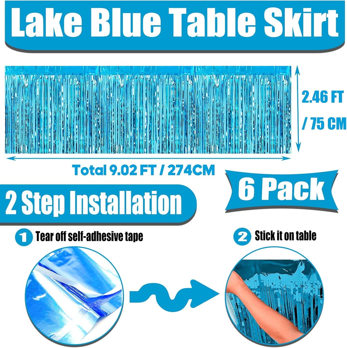 6 Pack 29x108 Inch Metallic Foil Fringe Tinsel Table Skirts Banner for Rectangle Tables Streamer Garland Curtains Backdrop for Wedding, Birthday, Parade Floats, Christmas Party Decoration(Lake Blue)
