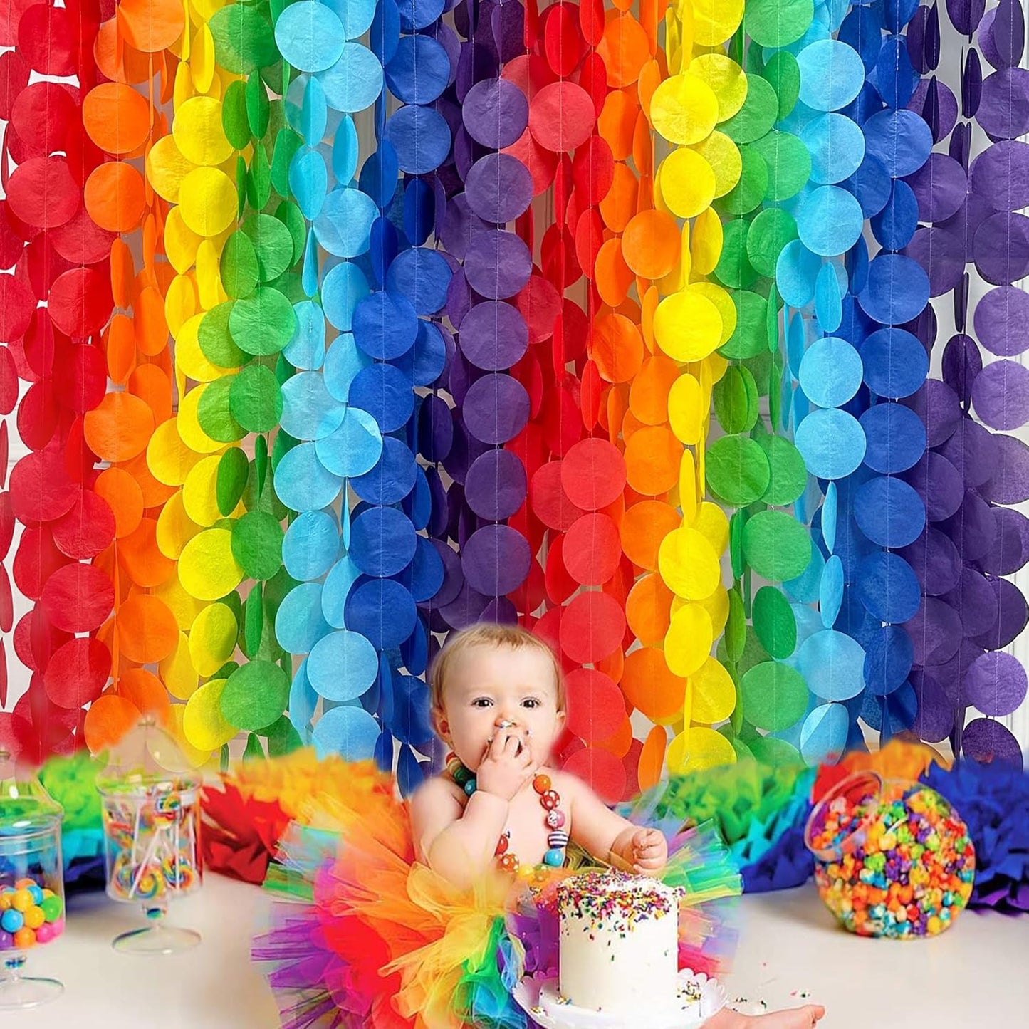 205Ft Rainbow Party Decorations Big Polka Dots Tissue Paper Backdrop Streamer Colorful Circle Dots Hanging Curtain Garland for Birthday Fiesta Carnival Baby Shower Wedding Engagement Party Supplies
