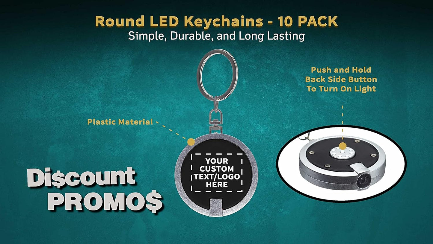 DISCOUNT PROMOS 10 Round LED Keychains - Customizable Text, Logo - Battery included, Plastic - Black