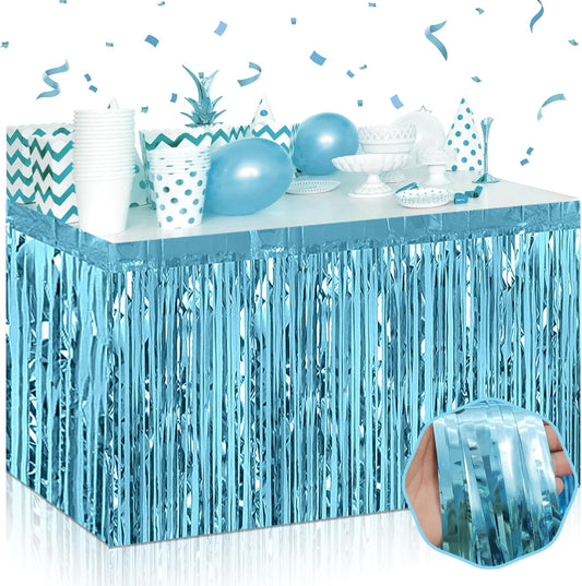 3 Pack 29 x108 Inch Light Blue Foil Fringe Table Skirts Metallic Banner for Tinsel Streamer Garland Backdrop for Parade Floats Wedding Thanksgiving Birthday Christmas New Year Party Decoration