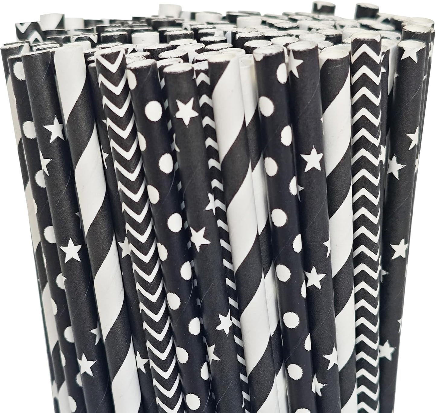 200 Black Straws, Biodegradable Black and White Paper Striped Straws for Birthdays, Coffee, Cocktail, Lemonade, DIY Decorations, Party Supplies, Weddings, New Year, Halloween, Christmas