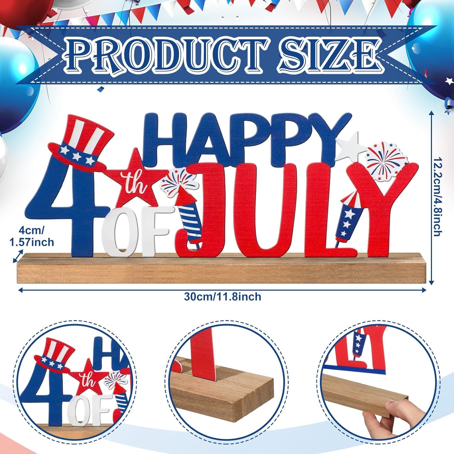 Happy 4th of July/Patriotic Metal Sign Rustic Table Decor Holiday Tiered Tray Decor with Wooden Base Freestanding Metal Word Sign for Home Tabletop Centerpiece Mantel Shelf Fireplace