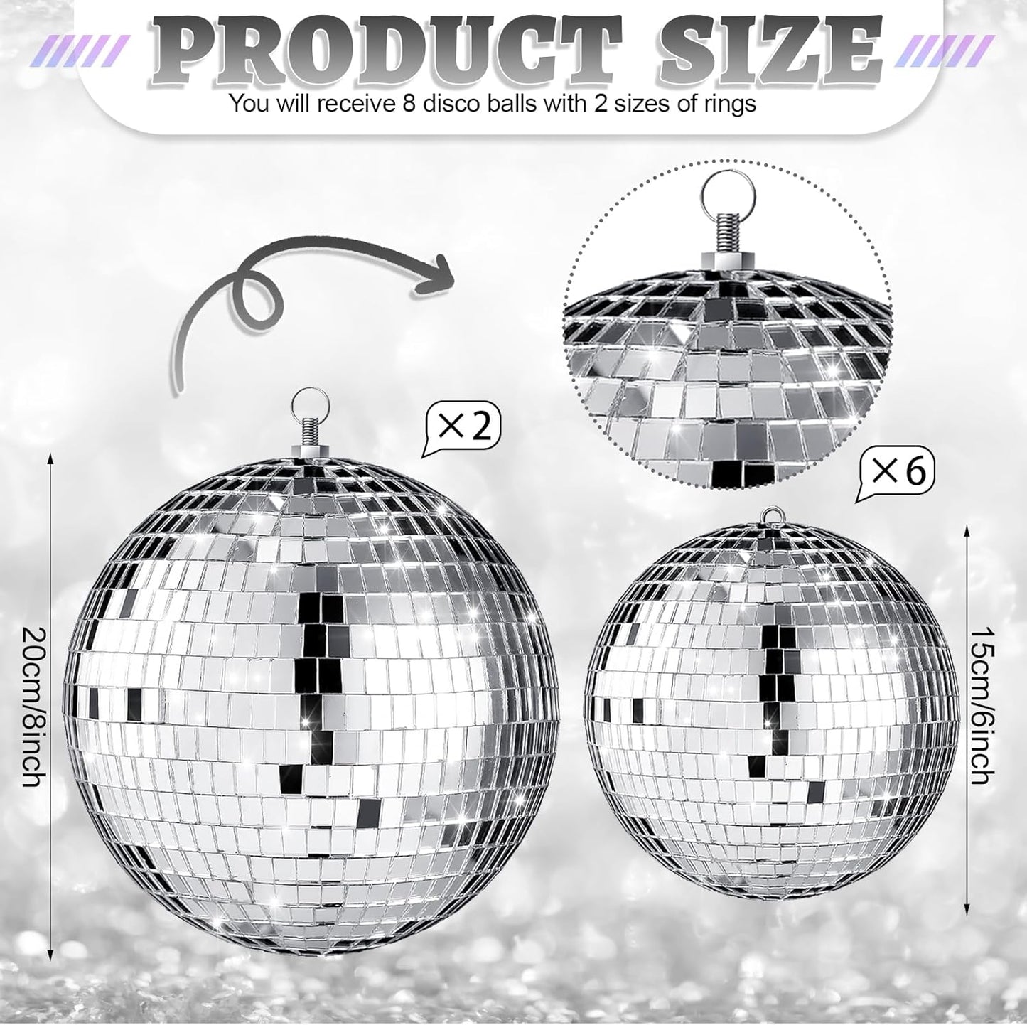 Haull 8 Pcs Large Disco Ball Set Silver Mirror Disco Reflective Ball with Hanging Ring Party Ornament Decoration for Stage Club Ballroom Dance Hall Wedding Prom Props(8'', 6'')
