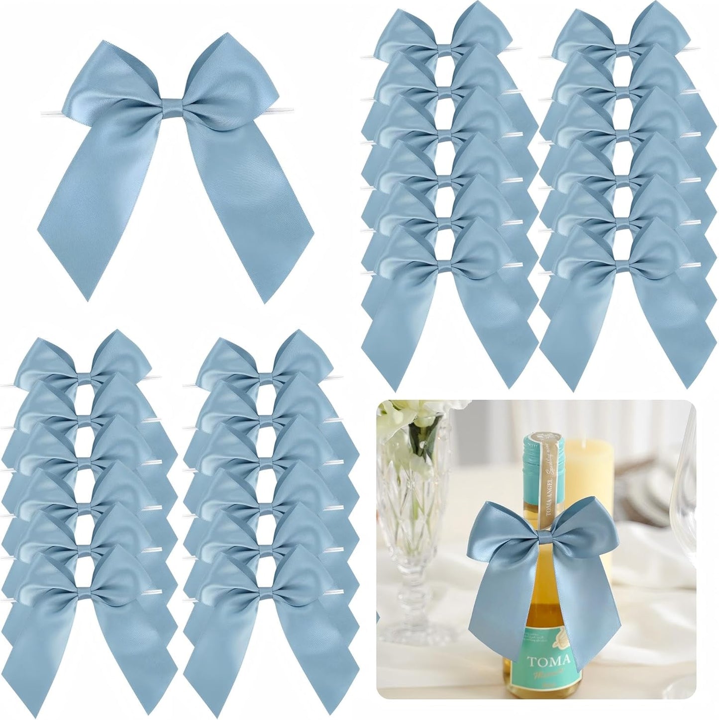 4.5" Satin Ribbon Dusty Blue Bows for Gift Wrapping, Twist Tie Bows, Cute Bows for Crafts, Party Favors, Premade Bows Pre-Tied Decorative Bows for Flower Bouquets Candy Apple Bows-24 Counts