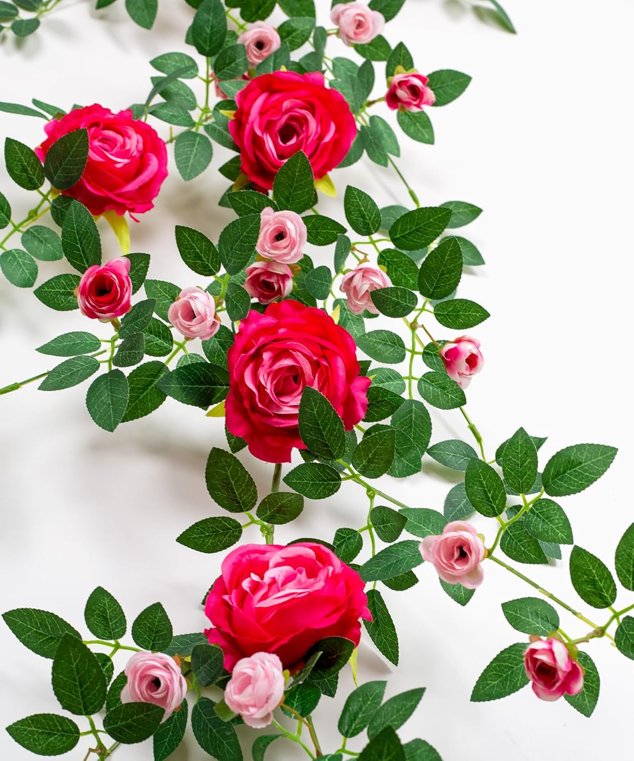 6FT Bendable Rose Flower Garland, Realistic Artificial Wild Rose Vine Flowers with 3D Butterflies Hanging for Indoor Outdoor Wall Trellis Fence Porch Home Room Balcony Fireplace Decor (Fuchsia 2pcs)