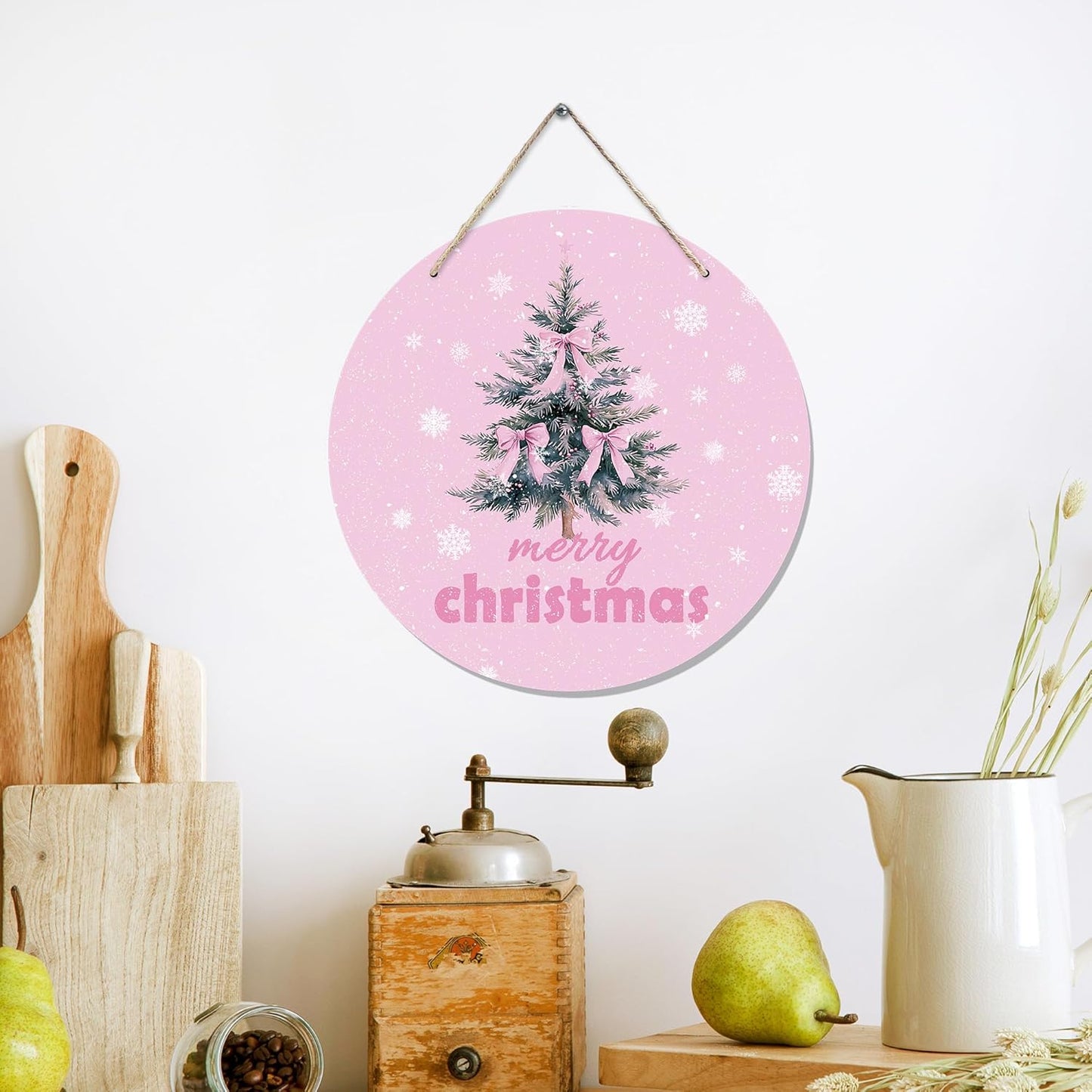 CGBHW Pink Christmas Wooden Sign, Coquette Aesthetic Christmas Tree Xmas Bows Hanging Sign Wall Decor for Girls Room Home, Winter Holiday Snowflake Door Decor 12 x 6 Inch