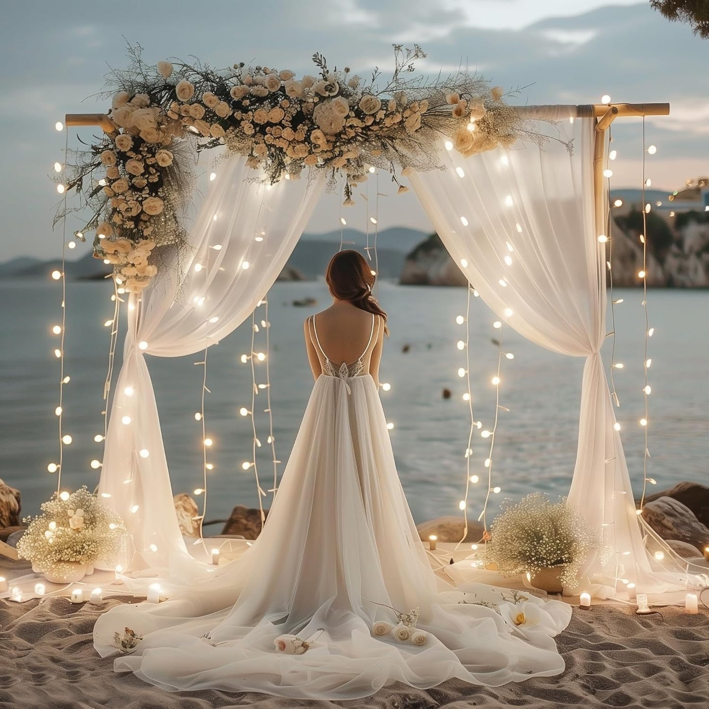 Fomcet White Tulle Backdrop Curtains with Lights String 10FT X 10FT Sheer Curtain with Lights Tulle Curtains Backdrop for Wedding Birthday Party Photo Shoot (2 Panels 5x10FT)