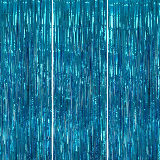 3 Pack Foil Fringe Backdrop - Blue Shiny Tinsel Curtains for Party Decoration/Photo Booth Props - 3.3x8.2 FT Metallic Foil Backdrop for Birthday, Wedding, Graduation, Christmas.