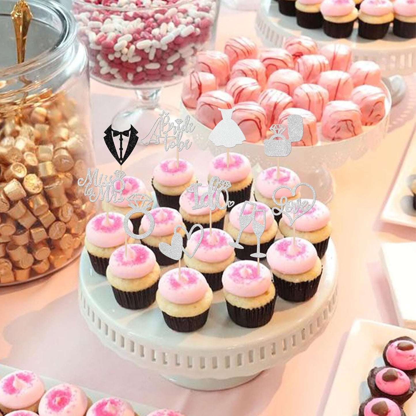 30 PCS Bride to Be Cupcake Toppers Glitter Wedding Cupcake Decorations I Do Love Heart Ring Miss to Mrs Cupcake Picks for Wedding Engagement Bridal Shower Party Cake Decorations Supplies Silver