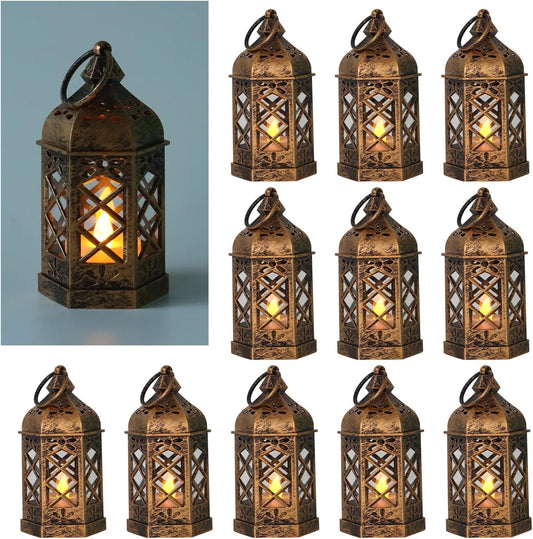 LLQ 12Pcs Mini Lantern for Centerpieces, Small Candle Lanterns Decorative Indoor, Vintage Hanging Moroccan Lantern for Halloween Decorations, Christmas Centerpieces for Tables, Wedding Table Decor