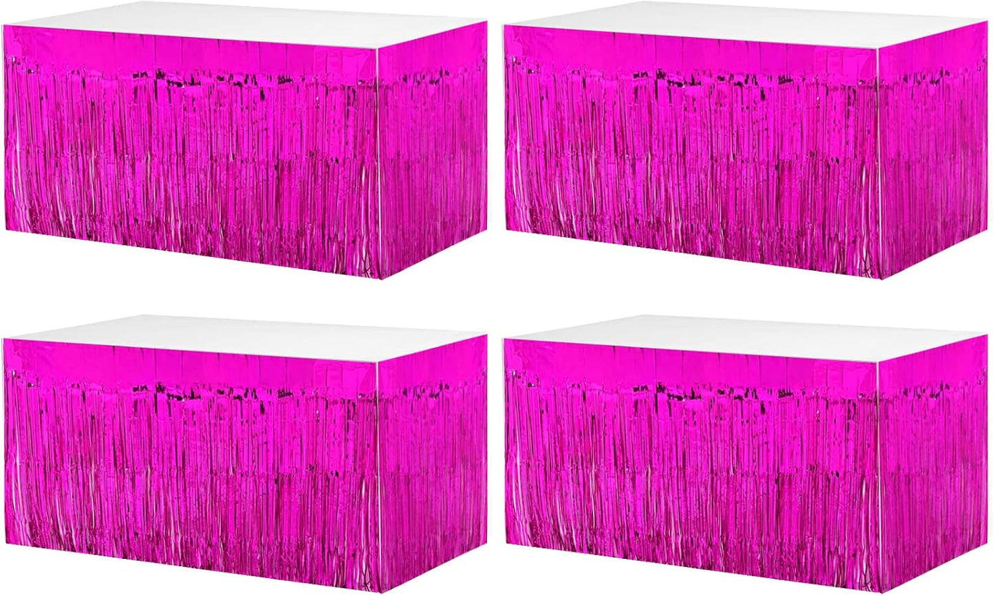 4 Pack 29x108 Inch Metallic Foil Fringe Tinsel Table Skirts for Rectangle Tables Streamer Curtains Backdrop for Christmas, Birthday, Parade Floats, Halloween Day Party Supplies(Fuchsia)