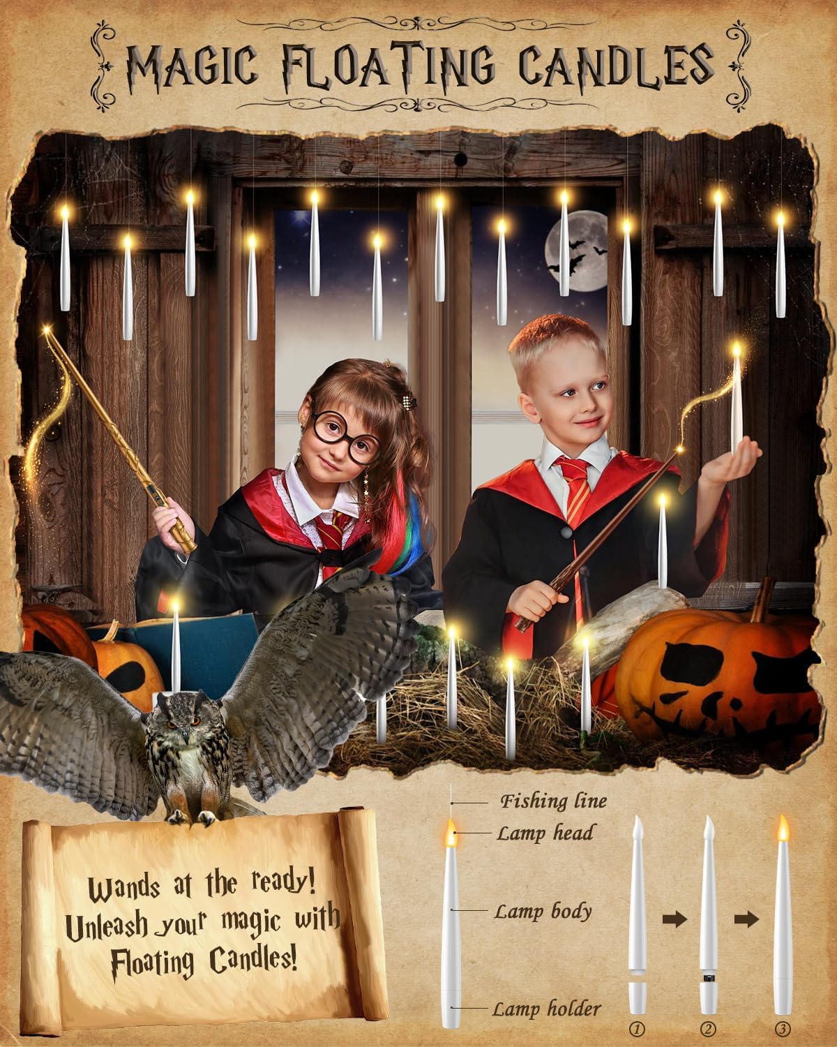 Floating Candles with 2 Wand - 24 Pack Halloween Decorations Magic Flameless Candles Flickering Warm Light LED Hanging Candle Remote, Operated Candles for Christmas Outdoor Indoor Party Decor