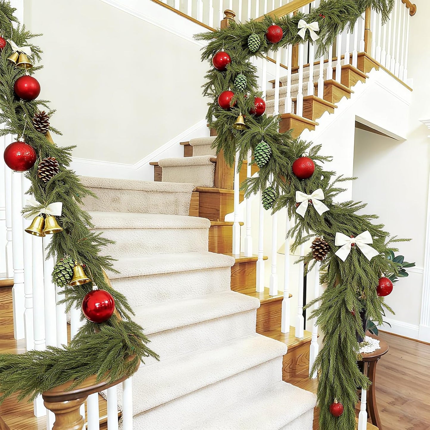 12ft Christmas Norfolk Pine Garland - Real Touch Artificial Greenery Cedar Garland for Xmas Fireplace Mantle Table Window Home Holiday Decoration