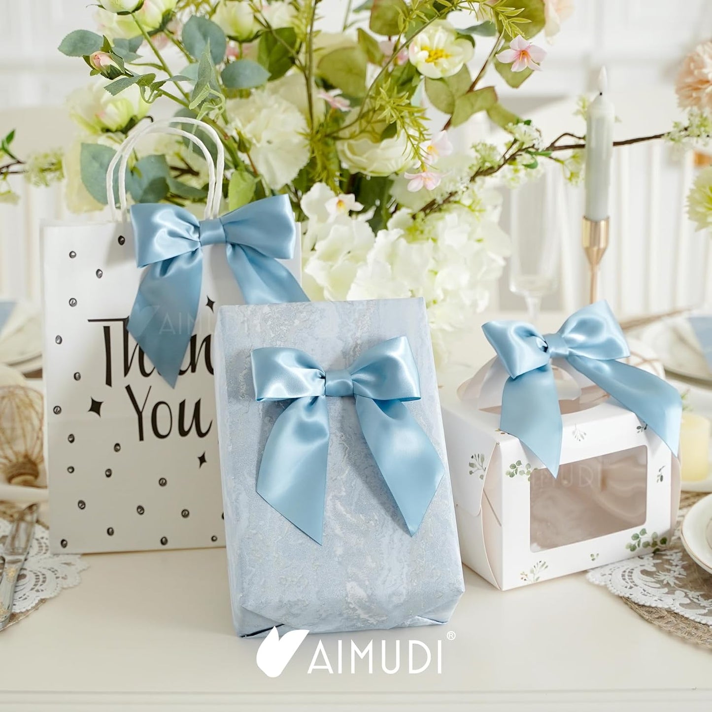 AIMUDI Dusty Blue Satin Bows 5.5" Bows for Gift Wrapping Satin Twist Tie Bows Premade Ribbon Bows for Treat Bags Invitations Baskets Wreaths Crafts Wedding Birthday Baby Shower Decorations, 24 PCs