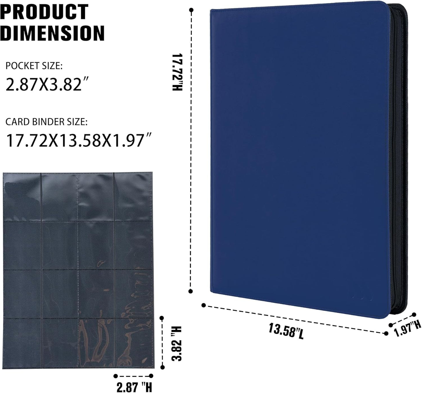 Premium 1000+ Pockets Card Binder,16 Pockets Trading Card Binder Ringless Side Loading Trading Card Album Folder for TCG -Blue