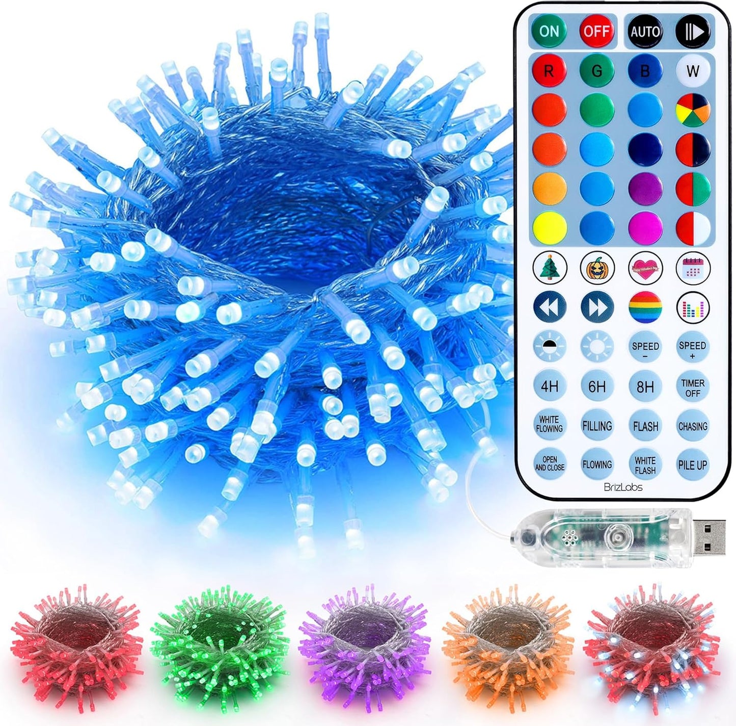 BrizLabs RGB String Lights, Color Changing Orange Purple Halloween Lights, 100 LED 33ft USB Christmas Light Dimmable with Remote, Mini Christmas Light String Clear Wire for Halloween Xmas Thanksgiving