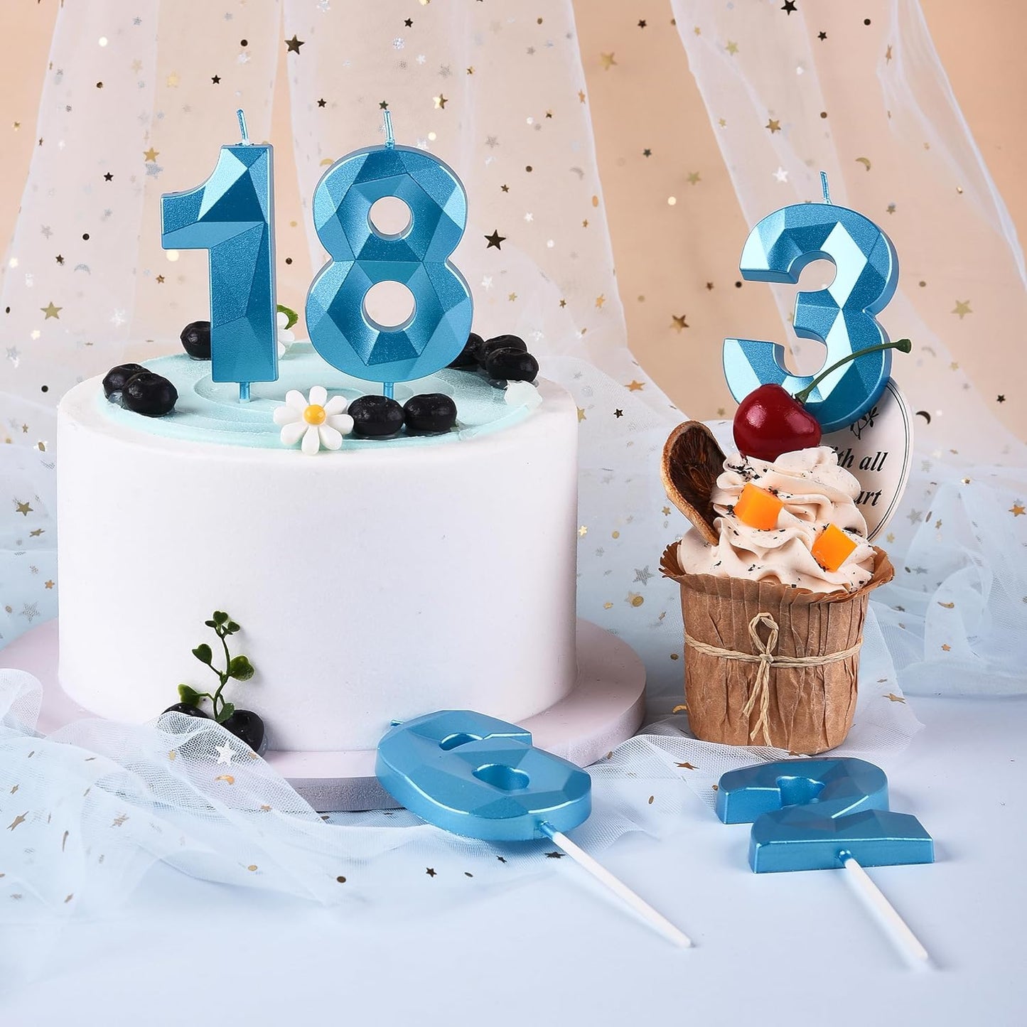 PHD CAKE 2.76 Inch Crystal Blue 5 Number Birthday Candles, Blue Cake Candles for Party Celebration