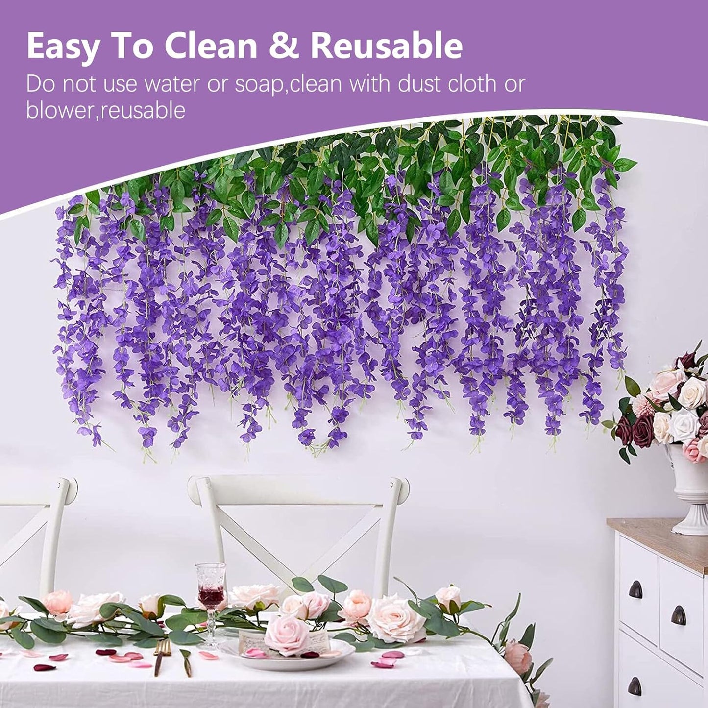 36 Pack Purple Wisteria Hanging Flowers, 3.44 Ft Fake Hanging Flowers, Artificial Wisteria Garland Vines for Wedding Room Backdrop Outdoor Patio Garden Decoration