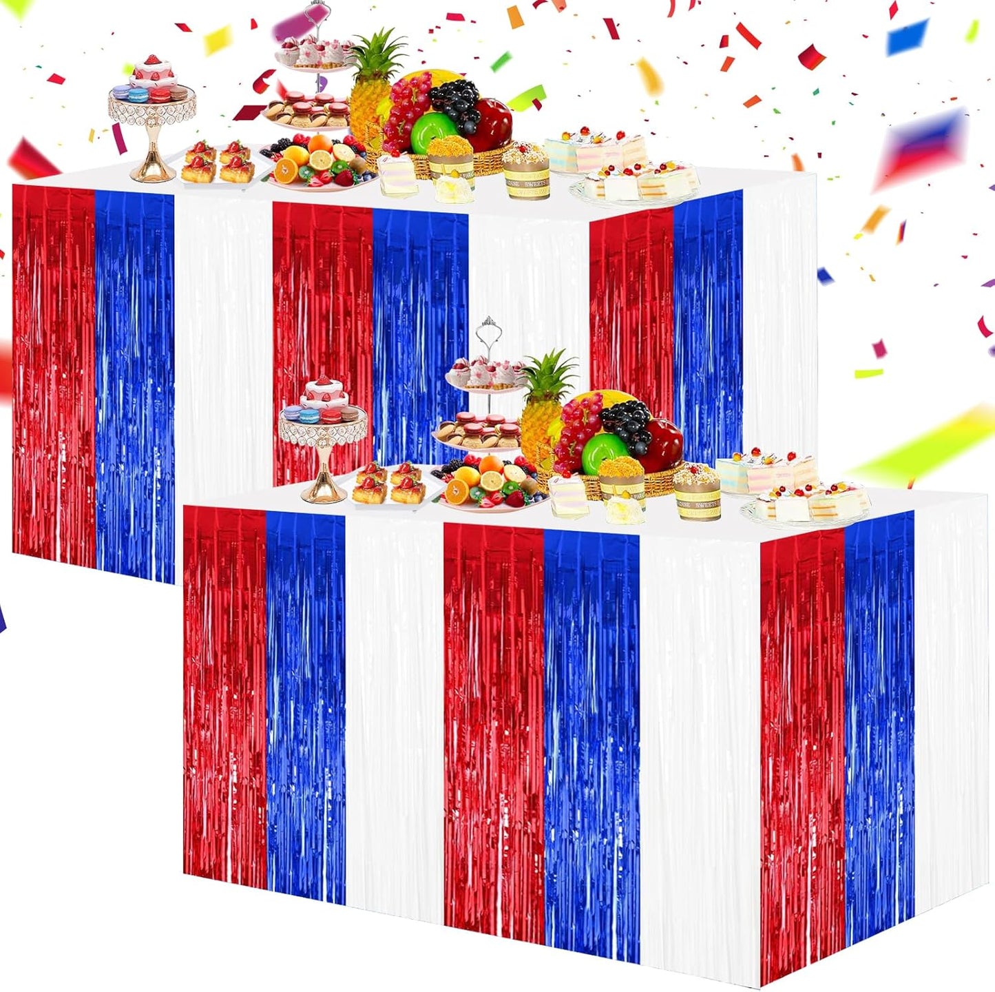 BEISHIDA 2 Pack Metallic Tinsel Foil Fringe Table Skirts for Rectangle & Round Tables Red, Blue, White Kids' Birthday, Holiday Cartoon Party Decorations Birthday, July 4th, Baby Shower, Festive Events
