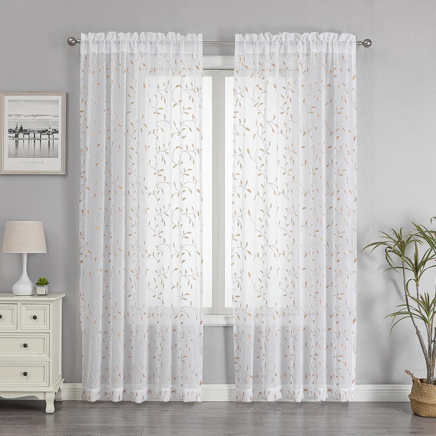 VISIONTEX White Sheer Voile Curtains, Decorative Orange Leaves Embroidery Faux Linen Rod Pocket Window Drapes for Home Kitchen, Living Room and Bedroom 54 x 63 Inch, Set of 2 Curtain Panels