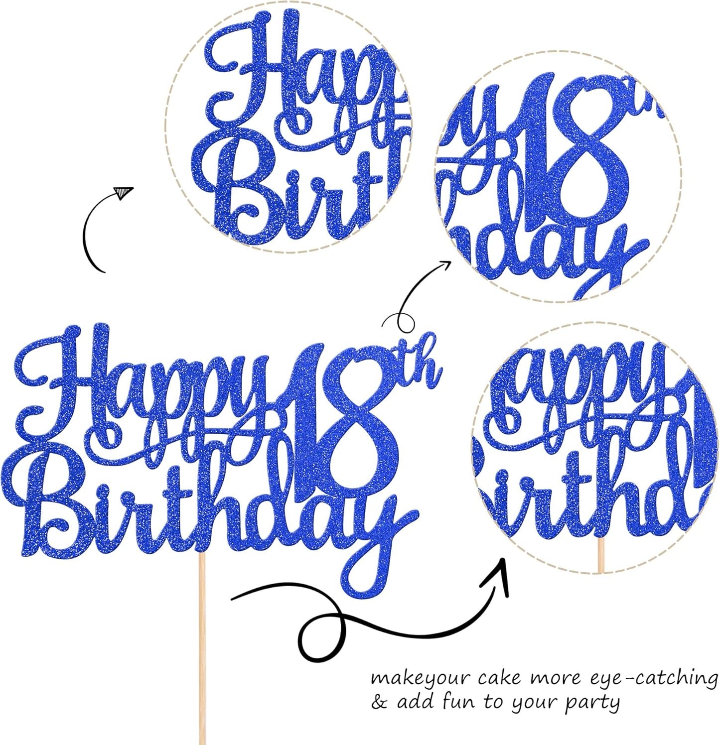 1 PCS Happy 18th Birthday Cake Topper Glitter Cheers to 18 Years Birthday Cake Pick 18 Fabulous Cake Decoration for Happy 18th Birthday Theme Party Decorations Supplies Blue