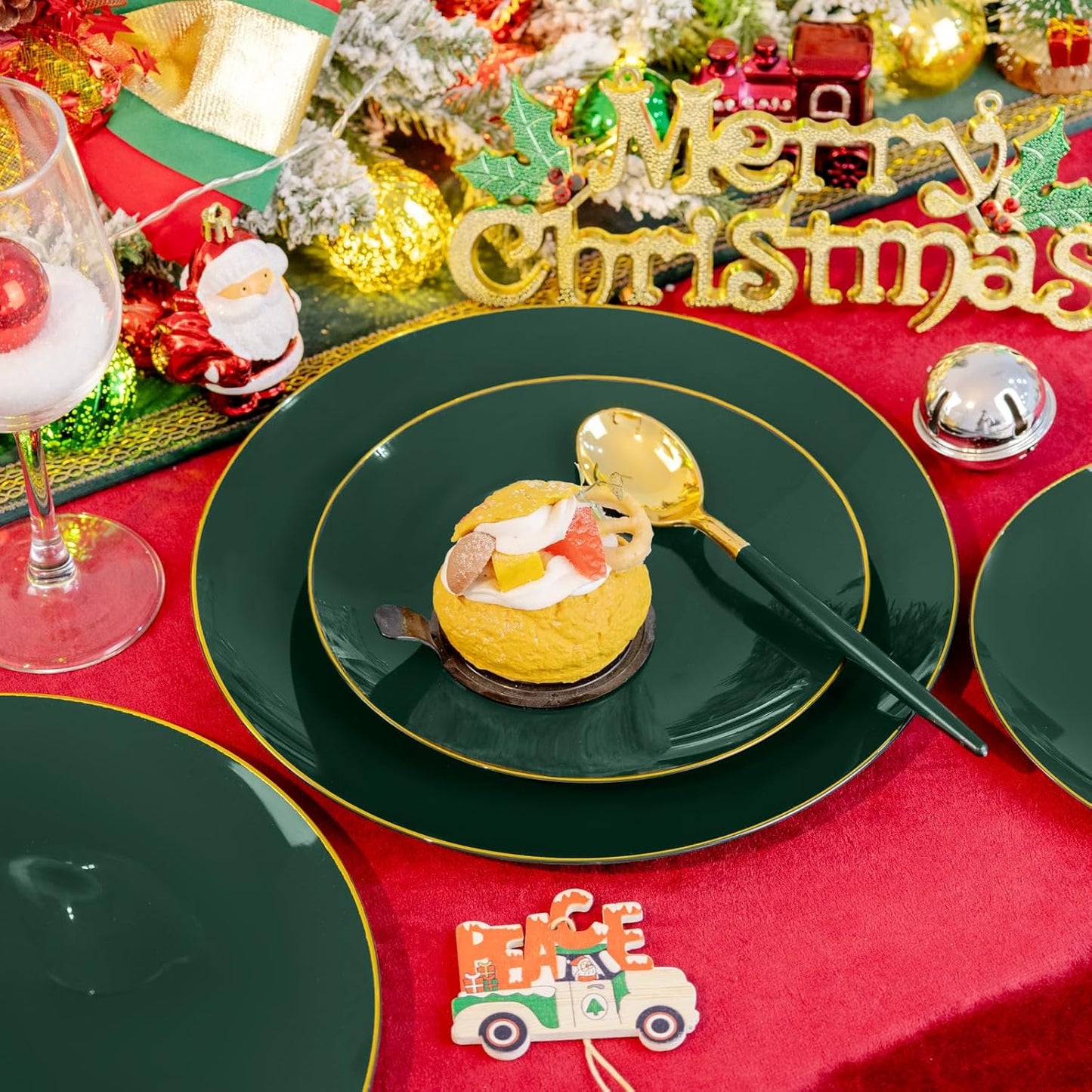 Liacere 150PCS Green Plastic Plates - Gold Plastic Silverware with Green Handle - Heavy Duty Fancy Plastic Plates Disposable Include 30 Guests Plates, Forks, Spoons, Knives for wedding＆Labor Day