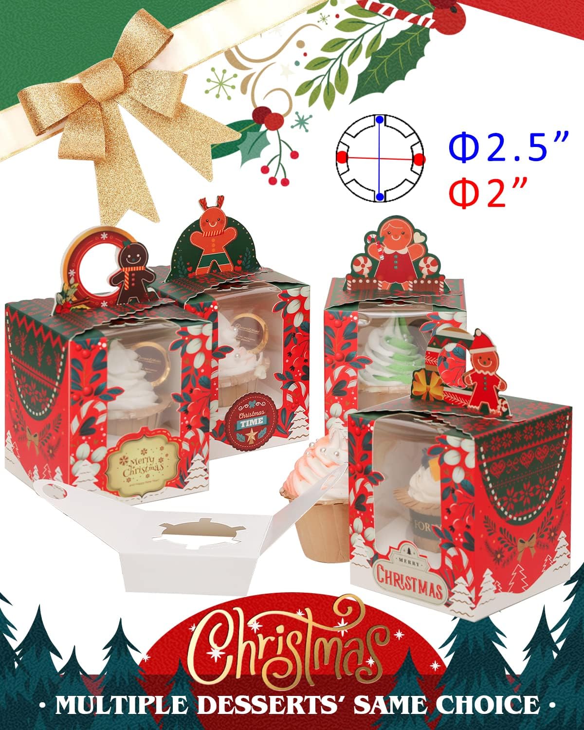 qiqee Christmas Individual Cupcake Boxes 50pcs Individual Cupcake Boxes with Window 3.7" 3.7"*4.5" Cupcake Box for Christmas