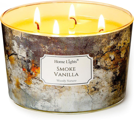 HomeLights Large jar Candle | 4-Wick Long-Lasting Scented Candles, 18oz Natural Soy Wax Candle for Home Scented, Industrial Chic Gifts for Women & Men, Smoke Vanilla