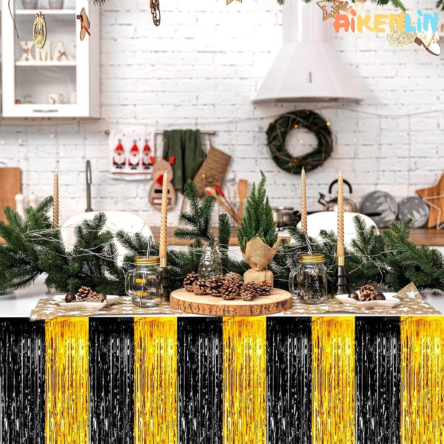 6 Pack 29x108 Inch Black Gold Metallic Foil Fringe Tinsel Table Skirts for Rectangle Tables Streamer Curtains Backdrop for Wedding, Parade Floats, Valentine's Day Birthday Graduation Party Decoration