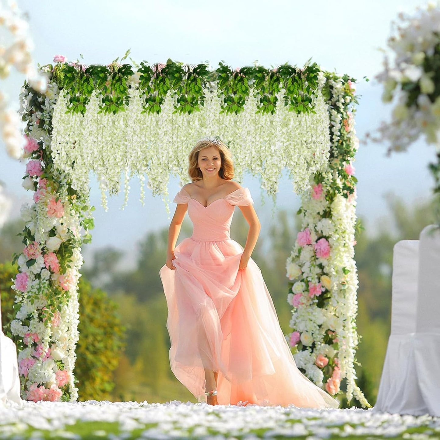 36 Pack Green White Wisteria Hanging Flowers, 3.44 Ft Fake Hanging Flowers, Artificial Wisteria Garland Vines for Wedding Room Backdrop Outdoor Patio Garden Decoration