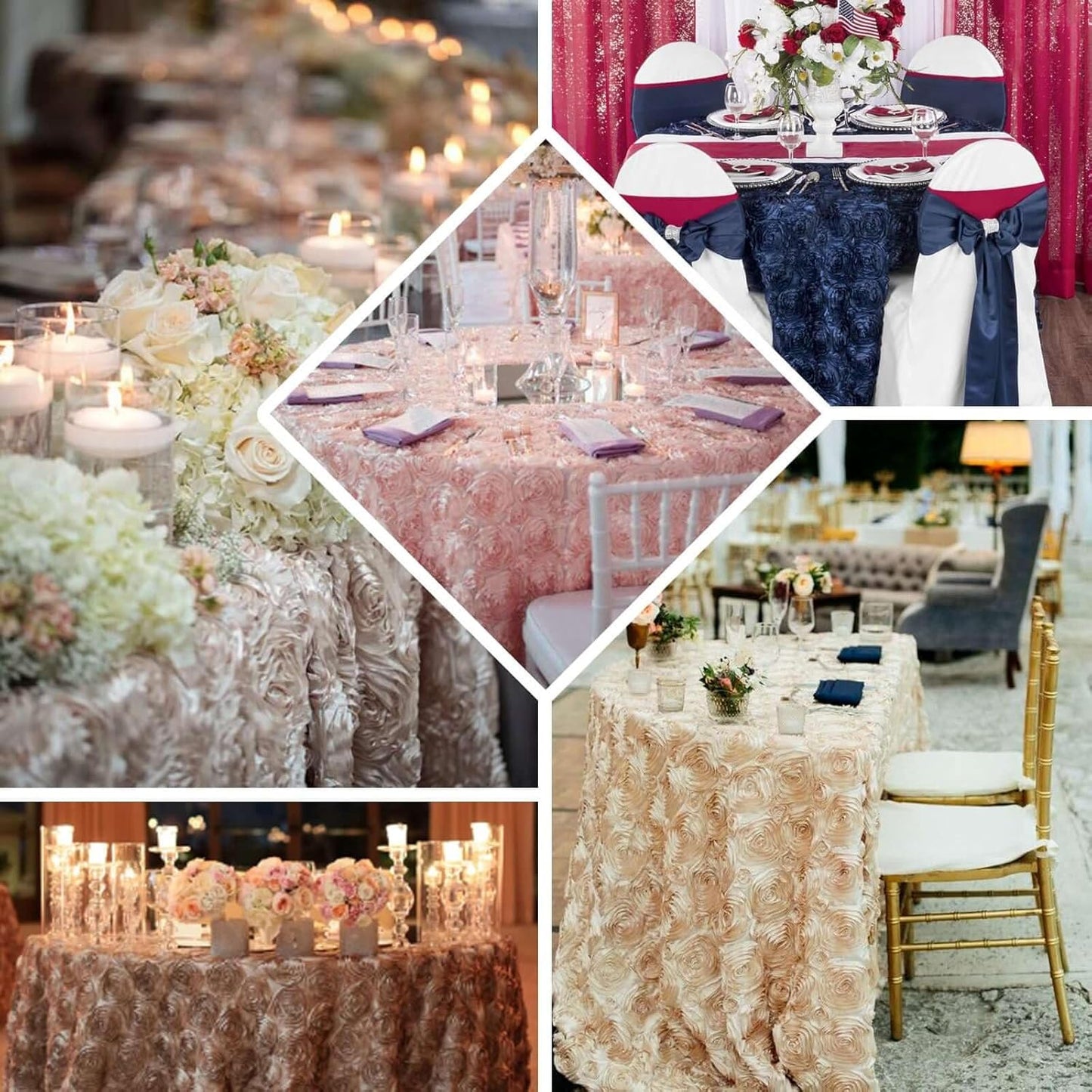 Efavormart 132" Wholesale Round Table Cover Ivory Grandiose Rosette 3D Satin Tablecloth for Wedding Party Event Decoration