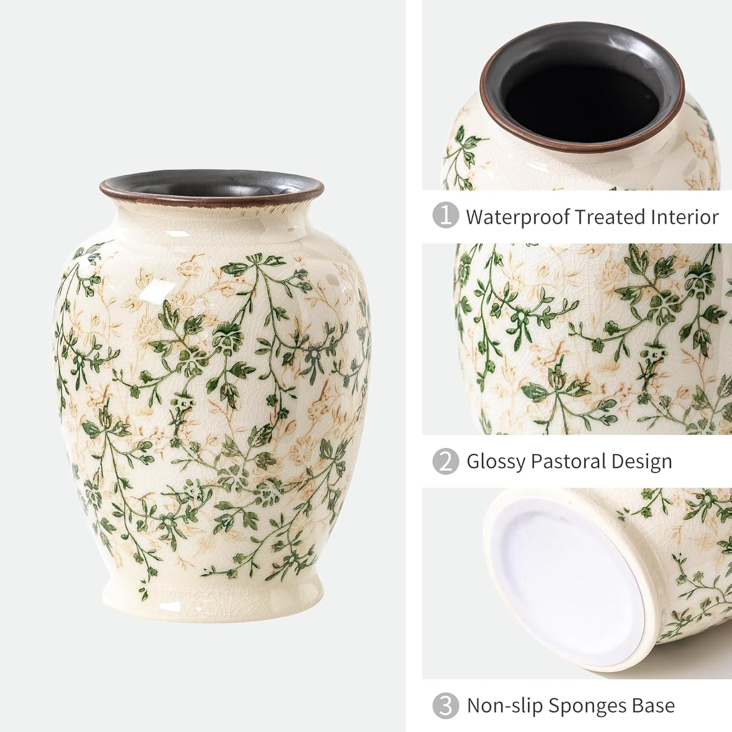 Vintage Green and Beige Vase, Round Ceramic Floral Vases, Retro Ice Cracked Chinoiserie Vase for Home Decor, Living Room, Bookshelf, Office, Grand Millennial Decor, Rustic Table Centerpiece 8 Inch