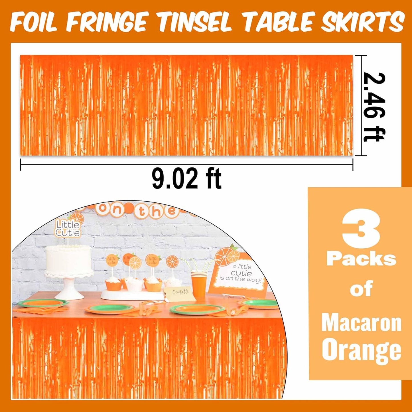 3 Pack 29 x108 Inch Macaron Orange Foil Fringe Table Skirts Metallic Banner for Tinsel Streamer Garland Backdrop for Parade Floats Mother's Day, Graduate, Birthday, Wedding Party Decoration