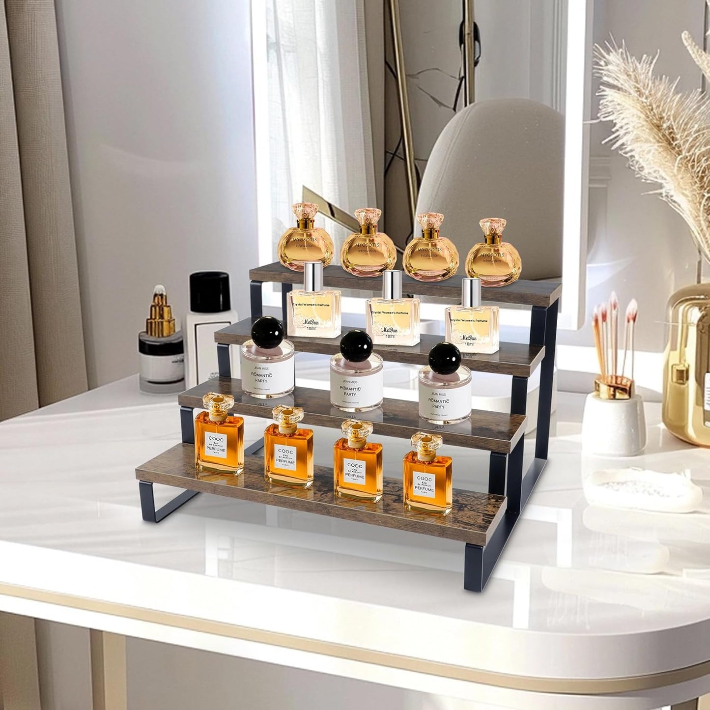 Wood Rustic Cupcake Stand, 4 Tier Stepped Cupcakes Stand, Wooden Display Stand Risers for Perfume, Tiered Spice Rack for Cabinet and Table Counter